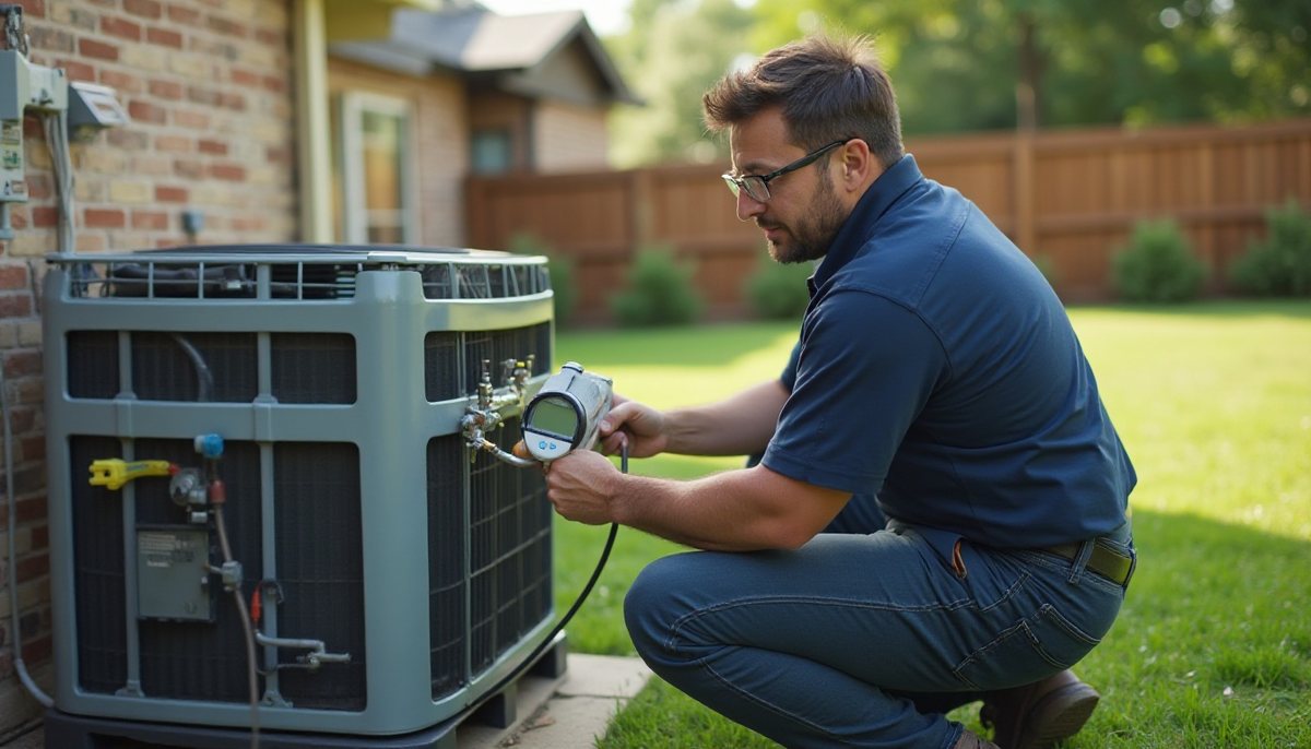 HVAC technician diagnosing a high-efficiency AC system at a Frisco Texas home