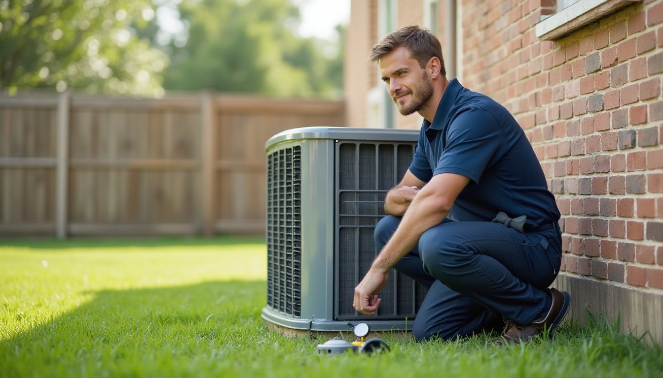 Technician crouched beside an outdoor AC condenser next to a brick wall and wood privacy fence