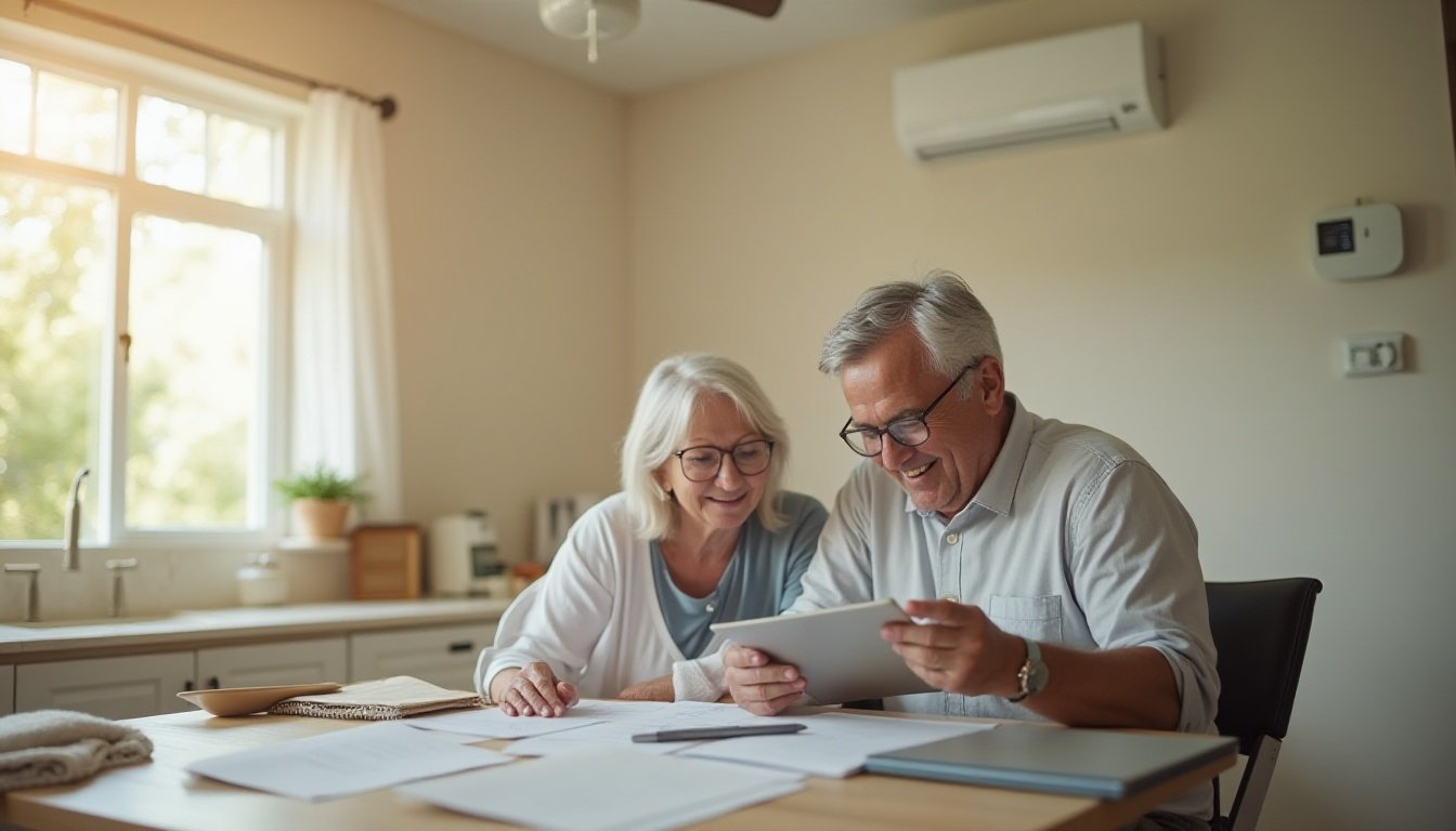 Older couple reviewing papers and a tablet at a kitchen table, with a wall-mounted mini-split above them