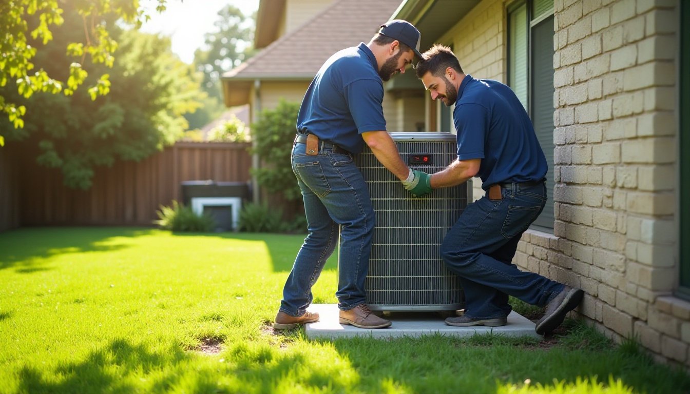 HVAC installers setting a new condensing unit in place