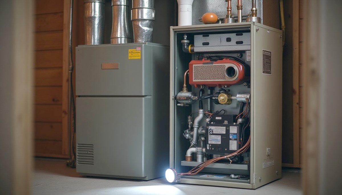Gas furnace and air handler in a Dallas home with the service panel open for inspection