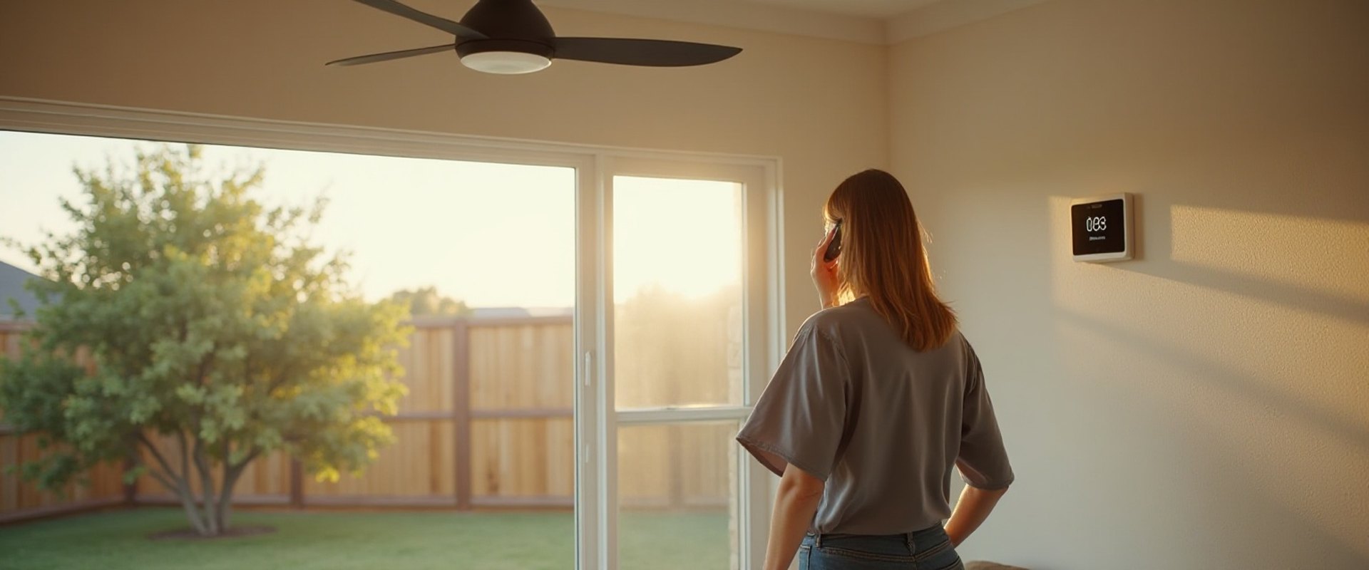 Homeowner on a phone call in a bright Dallas-Fort Worth living room