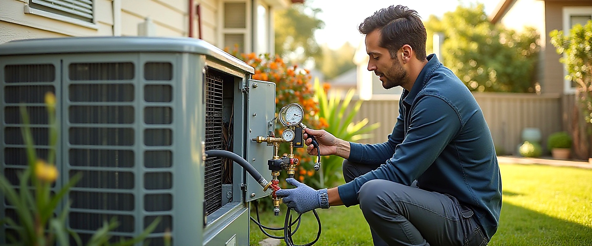 HVAC technician working at a Denton Texas residence