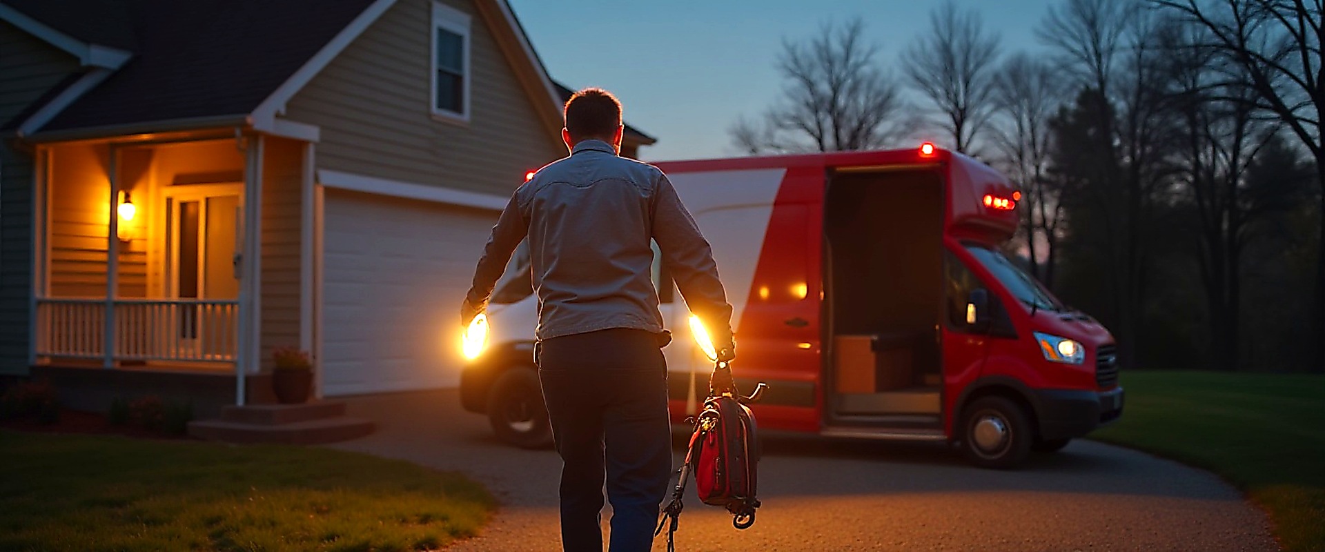 Technician carrying a tool bag across a driveway toward a red service van at dusk